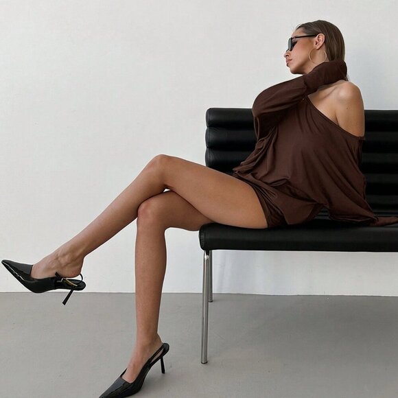 Brown Casual womens Asymmetric Shoulder Long Sleeve mini dress - Picture 3 of 8